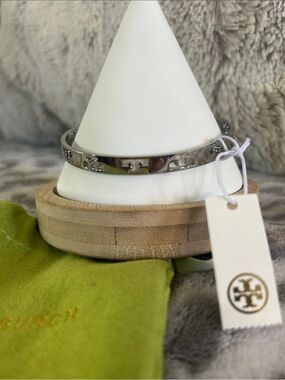 Tory Burch Silver-Tone Logo Hinged Bangle